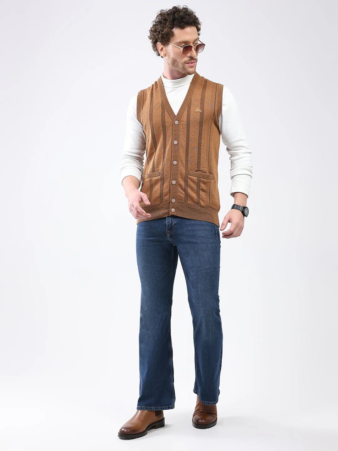 Men Khaki Self Design V Neck Sleeveless Cardigan - Image 6