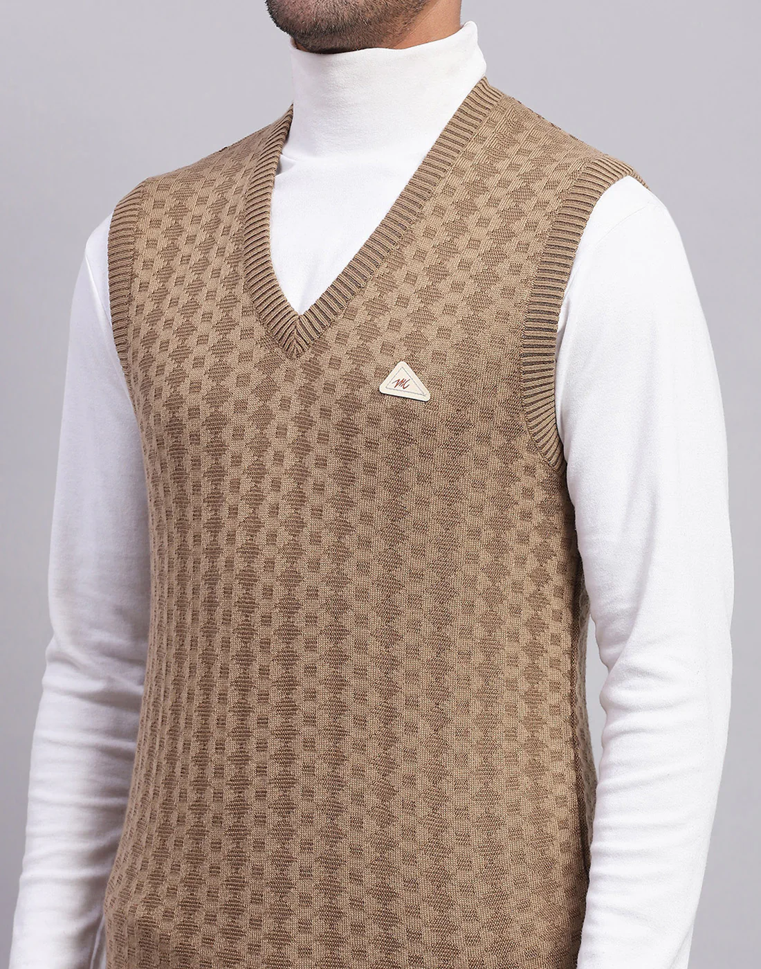 Men Khaki Self Design V Neck Sleeveless Sweater - Image 7