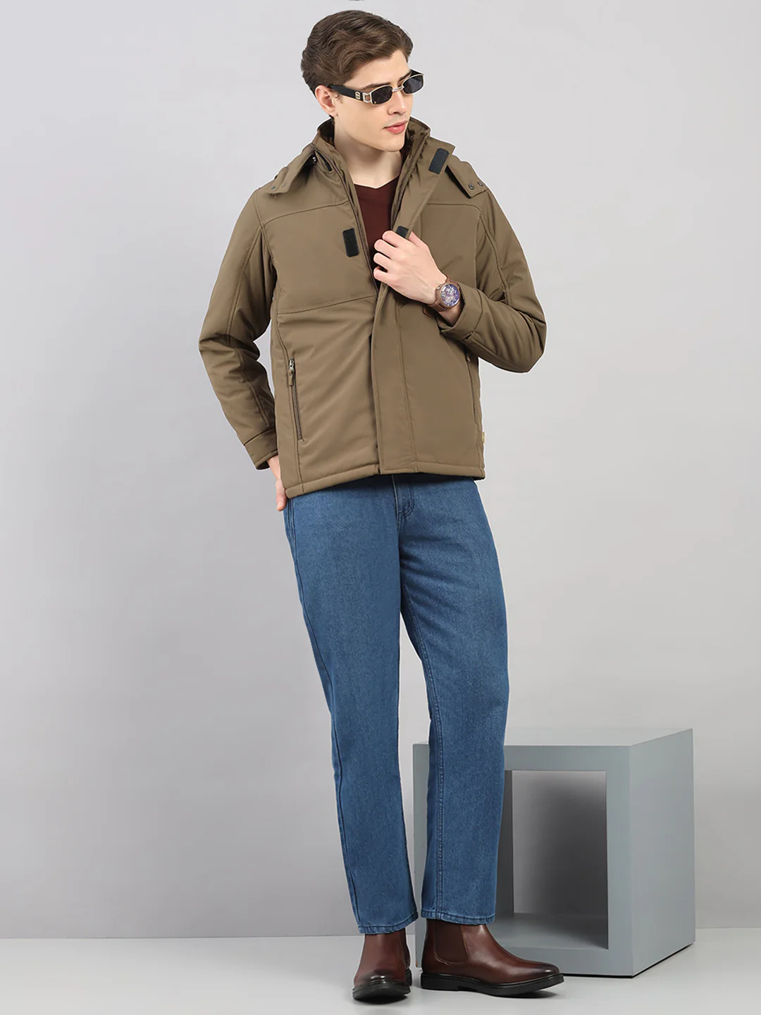 Men Khaki Solid 4 in 1 Convertible Hooded Jacket Wear It 4 Ways - Image 2