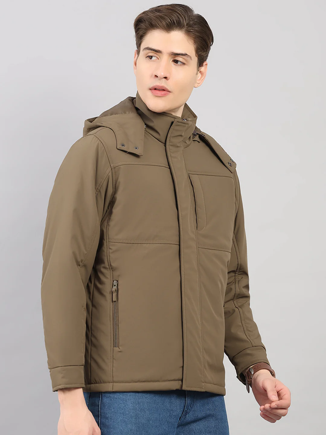 Men Khaki Solid 4 in 1 Convertible Hooded Jacket Wear It 4 Ways - Image 4
