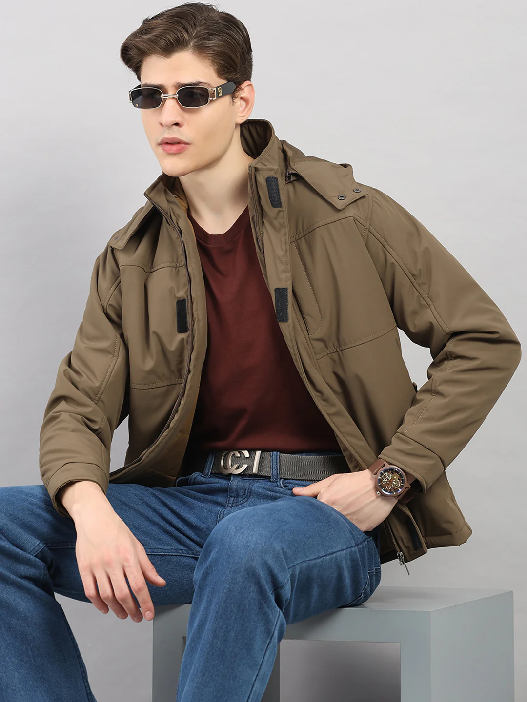 Men Khaki Solid 4 in 1 Convertible Hooded Jacket Wear It 4 Ways - Image 6