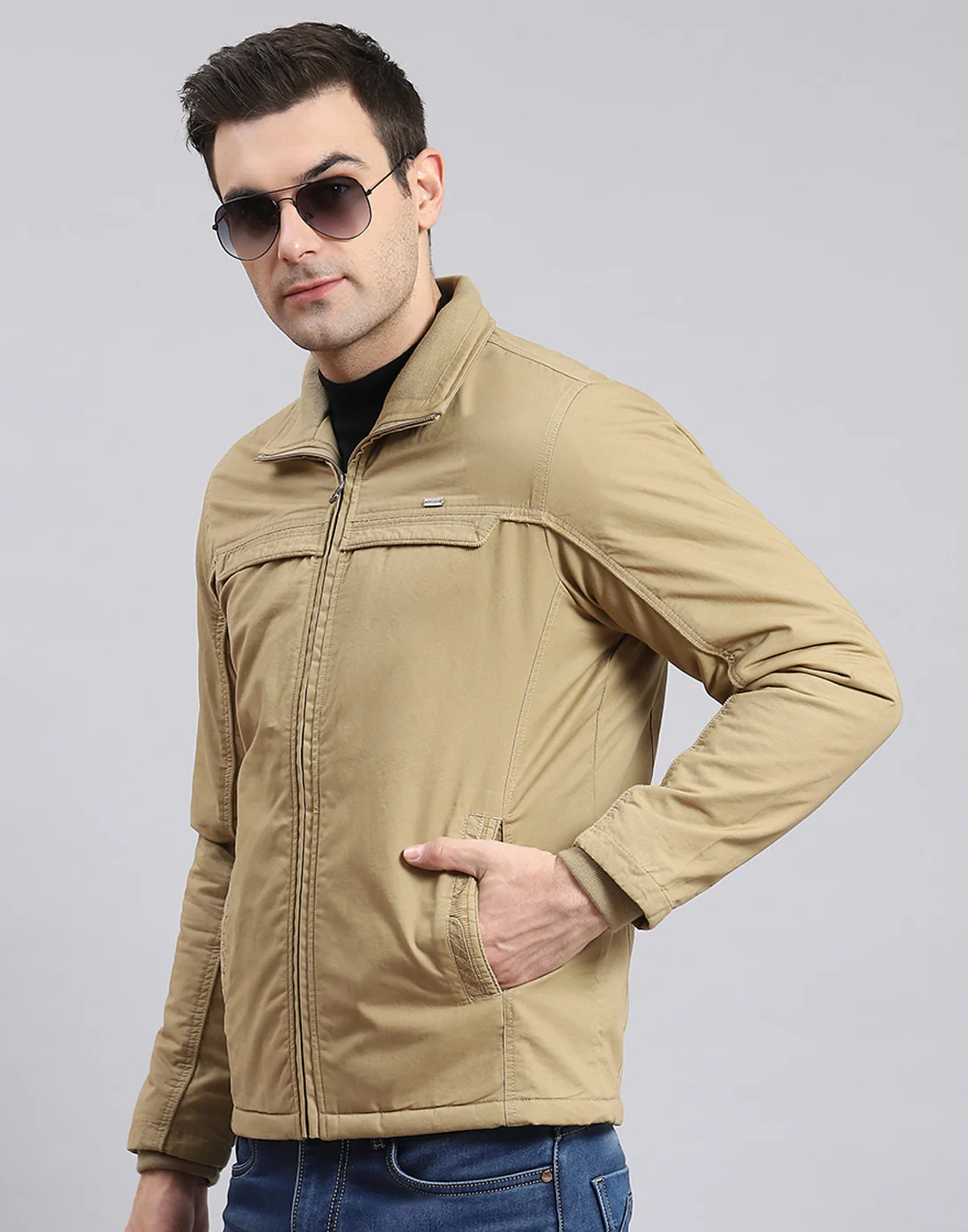 Men Khaki Solid Collar Full Sleeve Jacket - Image 3