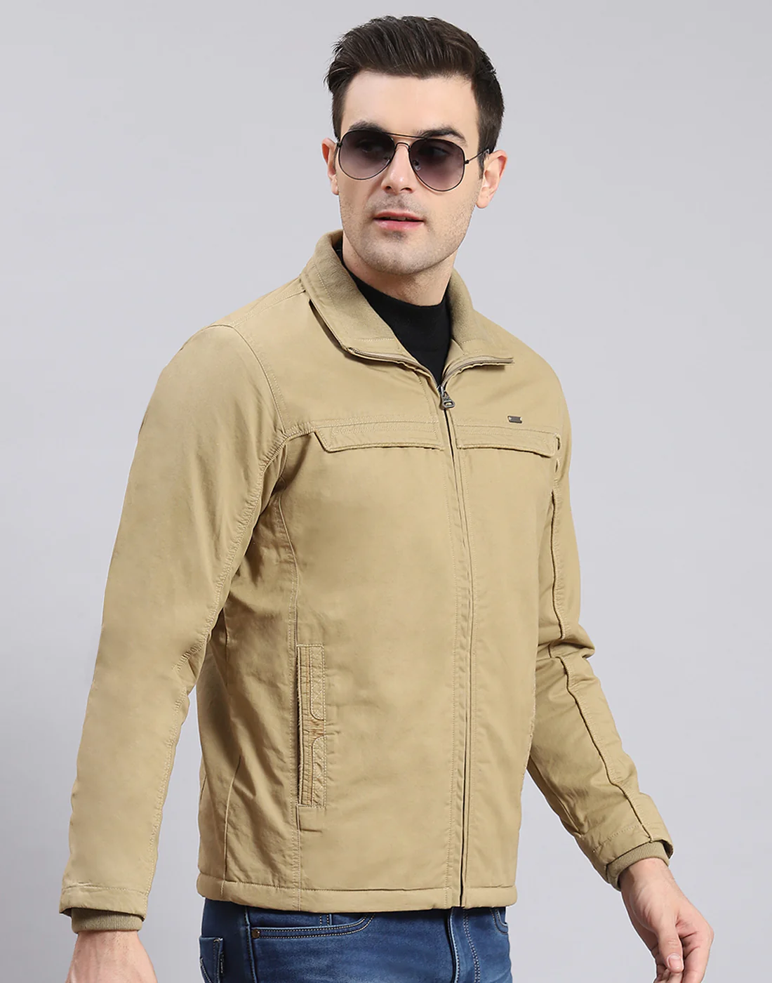Men Khaki Solid Collar Full Sleeve Jacket - Image 4