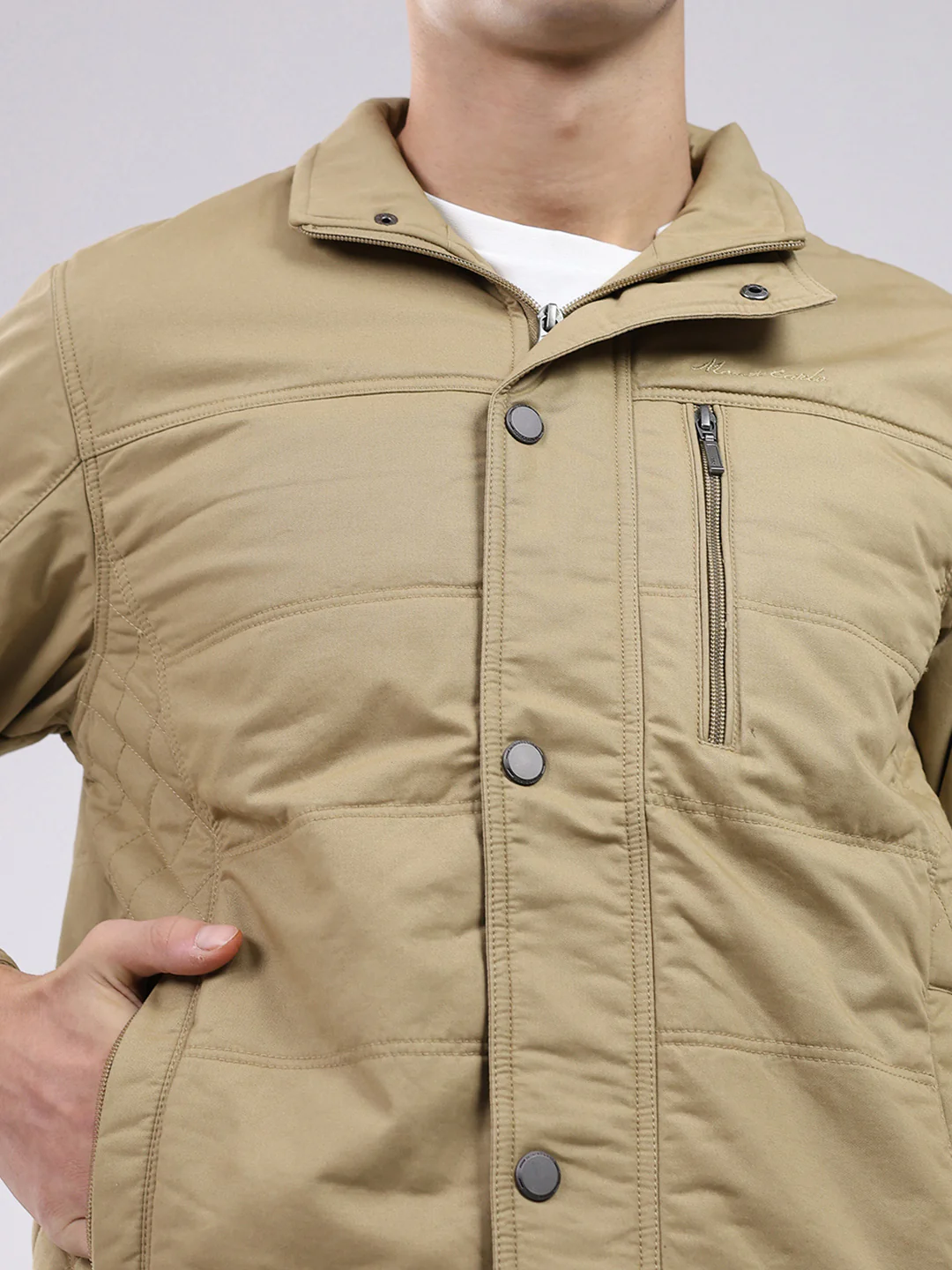 Men Khaki Solid Collar Full Sleeve Jacket - Image 6