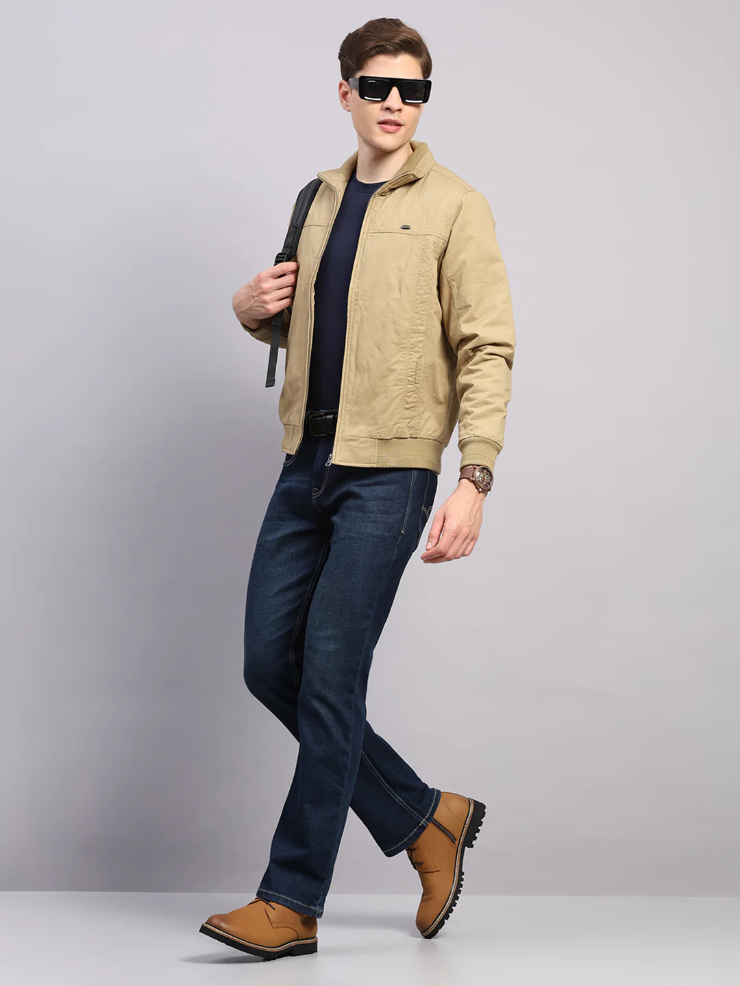 Men Khaki Solid Collar Full Sleeve Jacket - Image 2