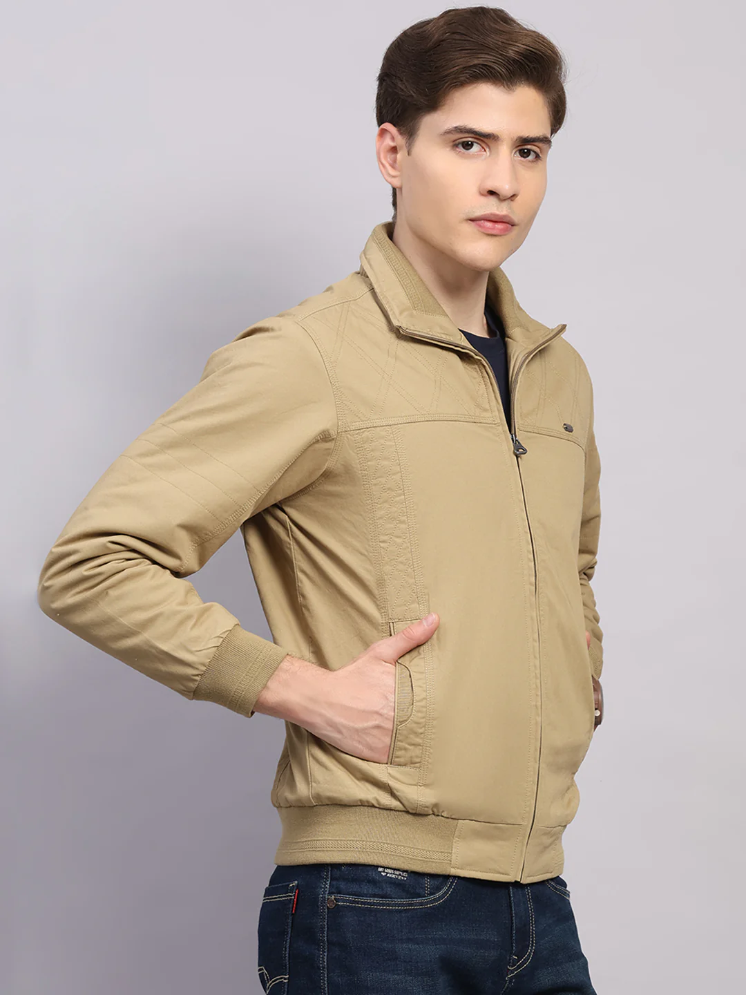 Men Khaki Solid Collar Full Sleeve Jacket - Image 4