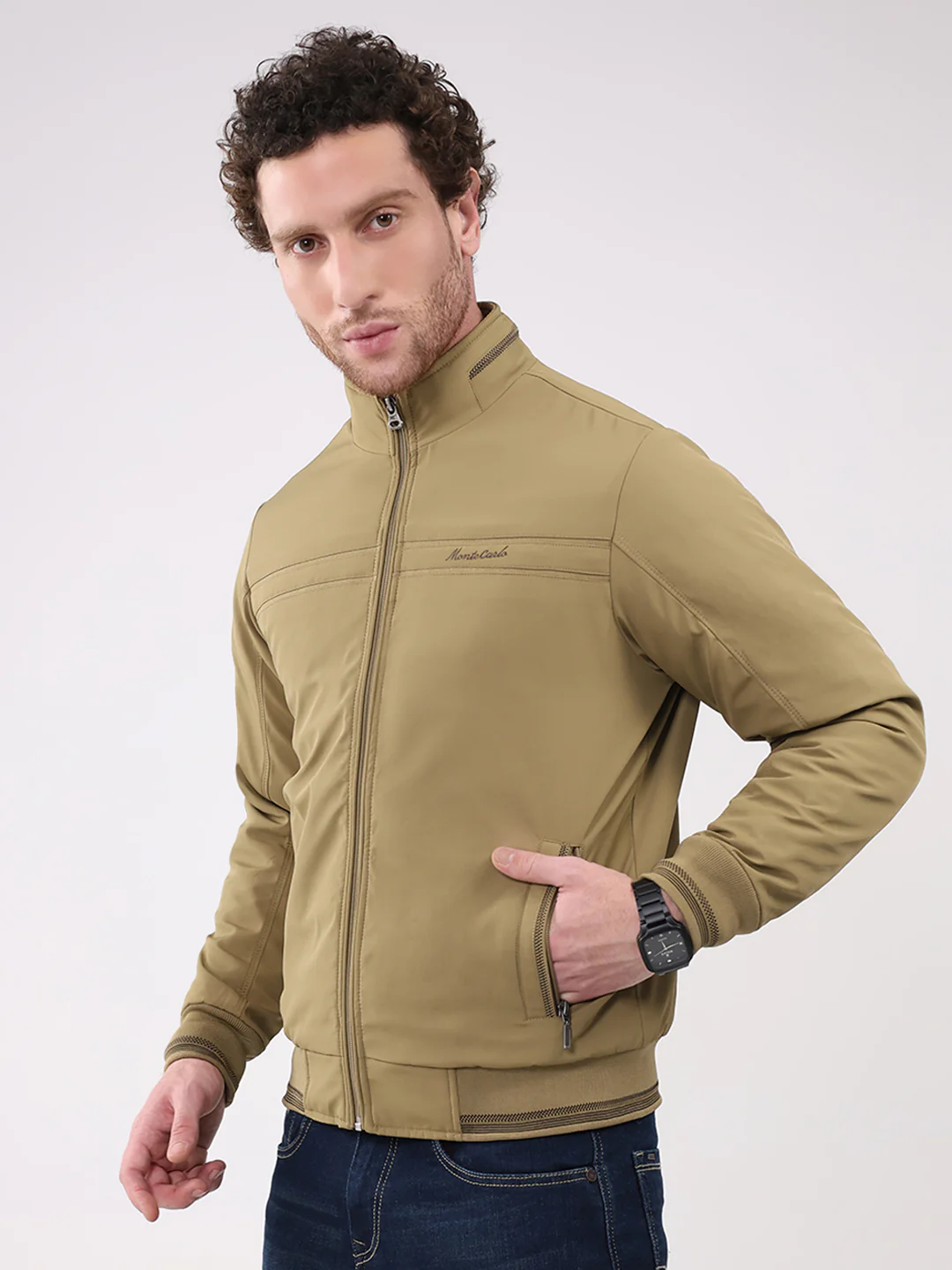 Men Khaki Solid Collar Full Sleeve Jacket - Image 3