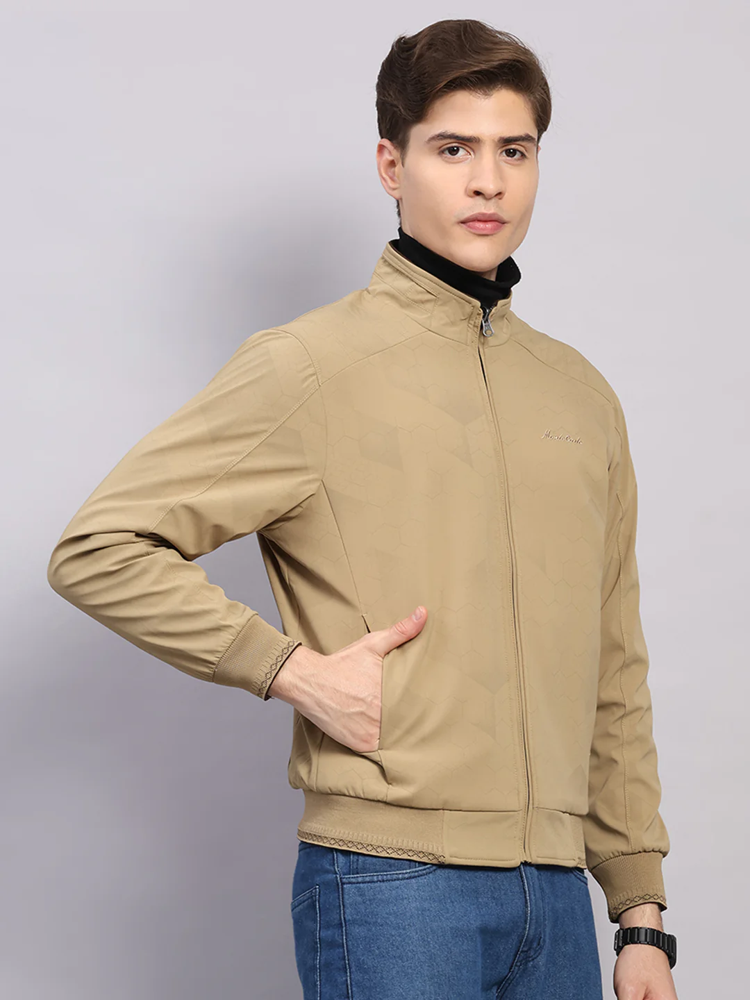 Men Khaki Solid Collar Full Sleeve Jacket - Image 4
