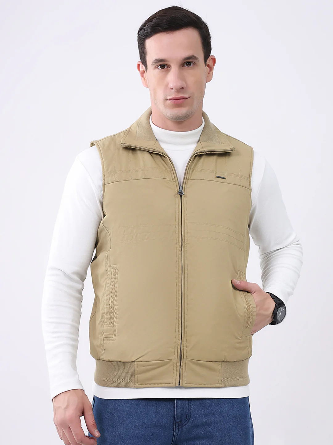 Men Khaki Solid Collar Sleeveless Jacket
