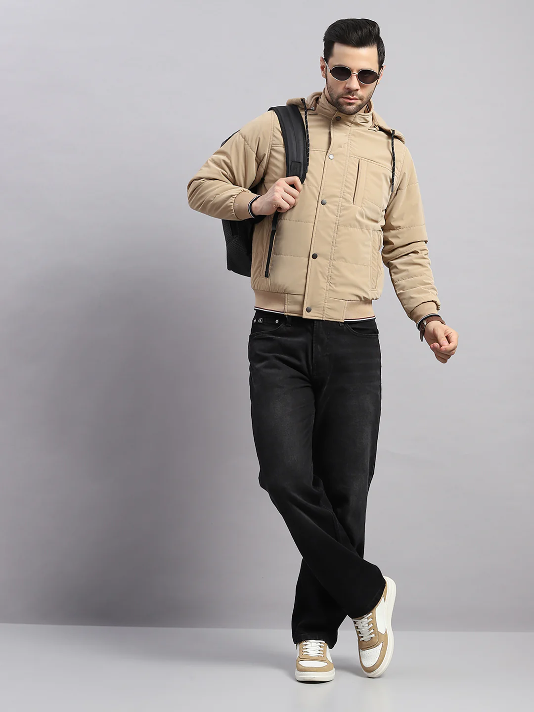 Men Khaki Solid Hooded Full Sleeve Jacket - Image 2