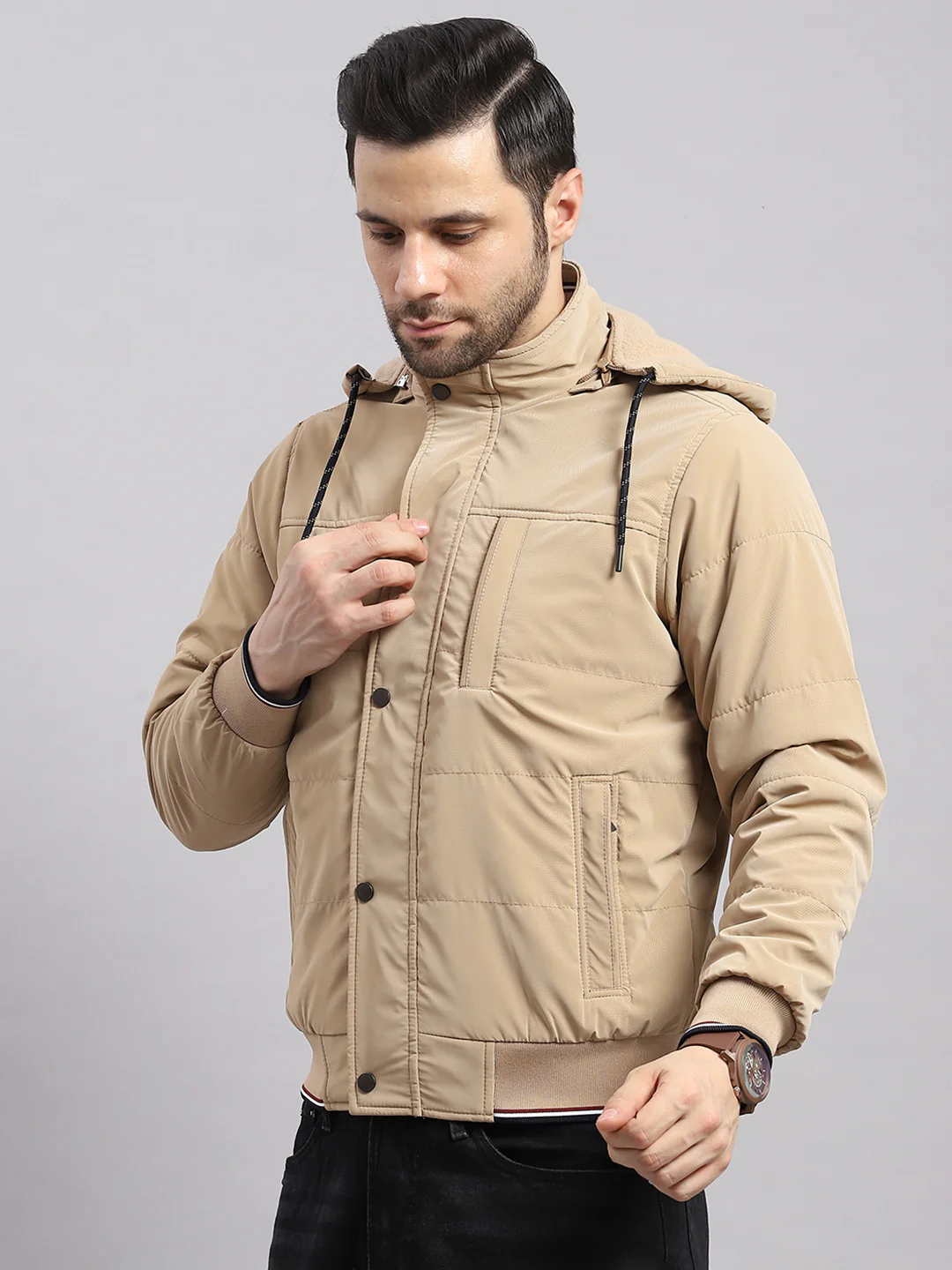 Men Khaki Solid Hooded Full Sleeve Jacket - Image 3