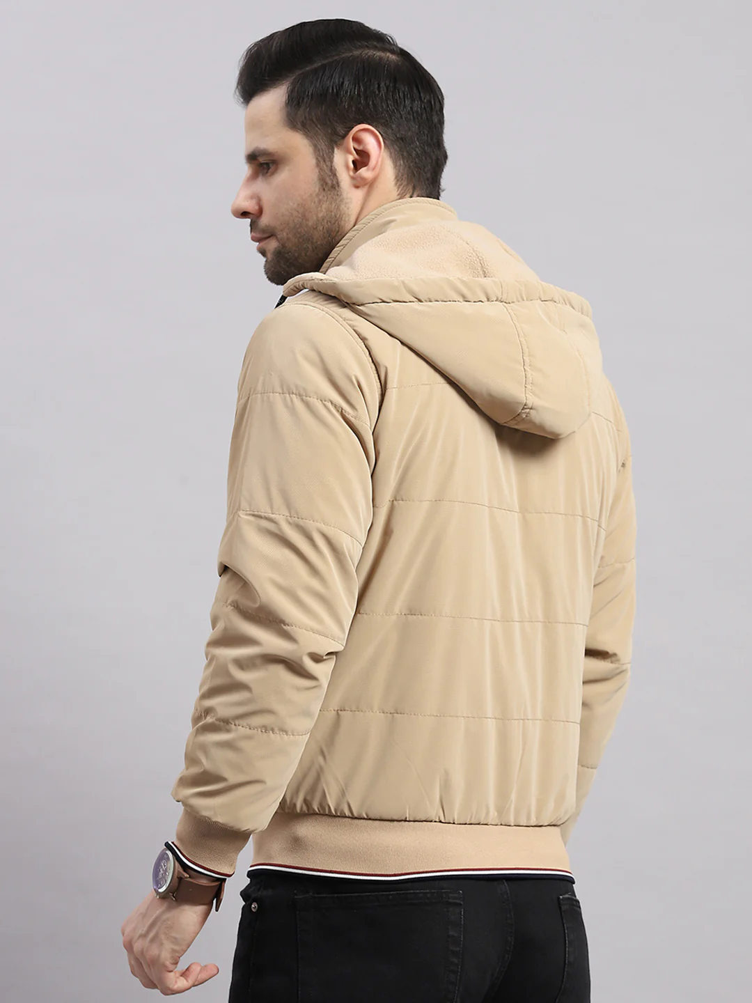 Men Khaki Solid Hooded Full Sleeve Jacket - Image 5