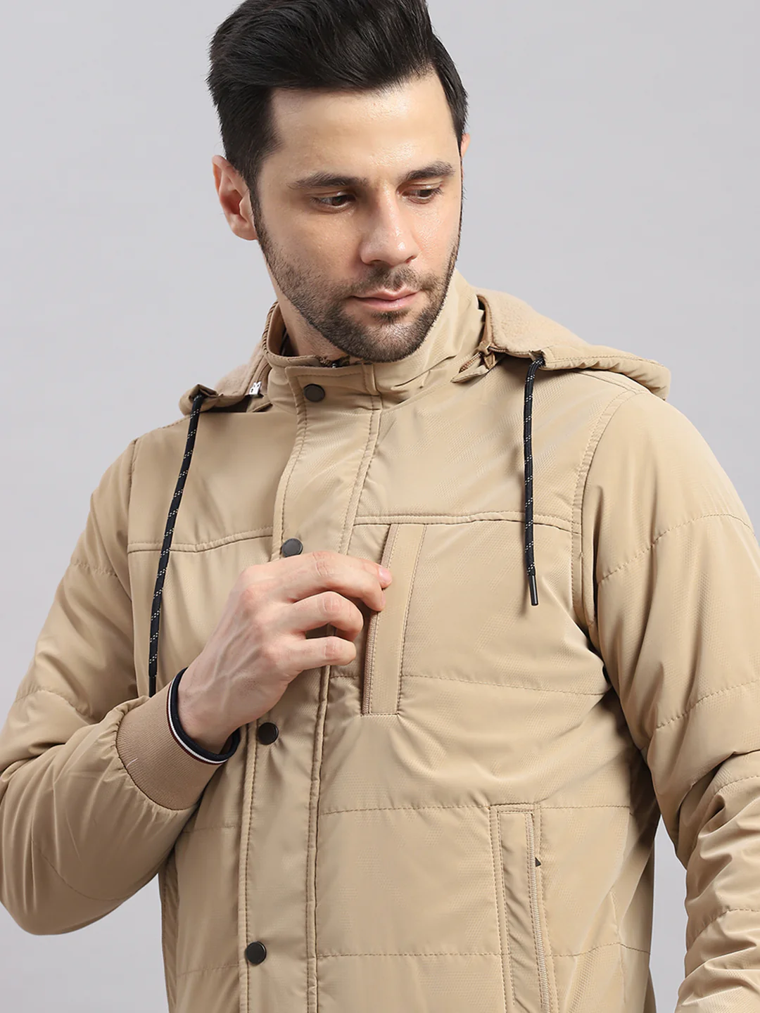 Men Khaki Solid Hooded Full Sleeve Jacket - Image 6