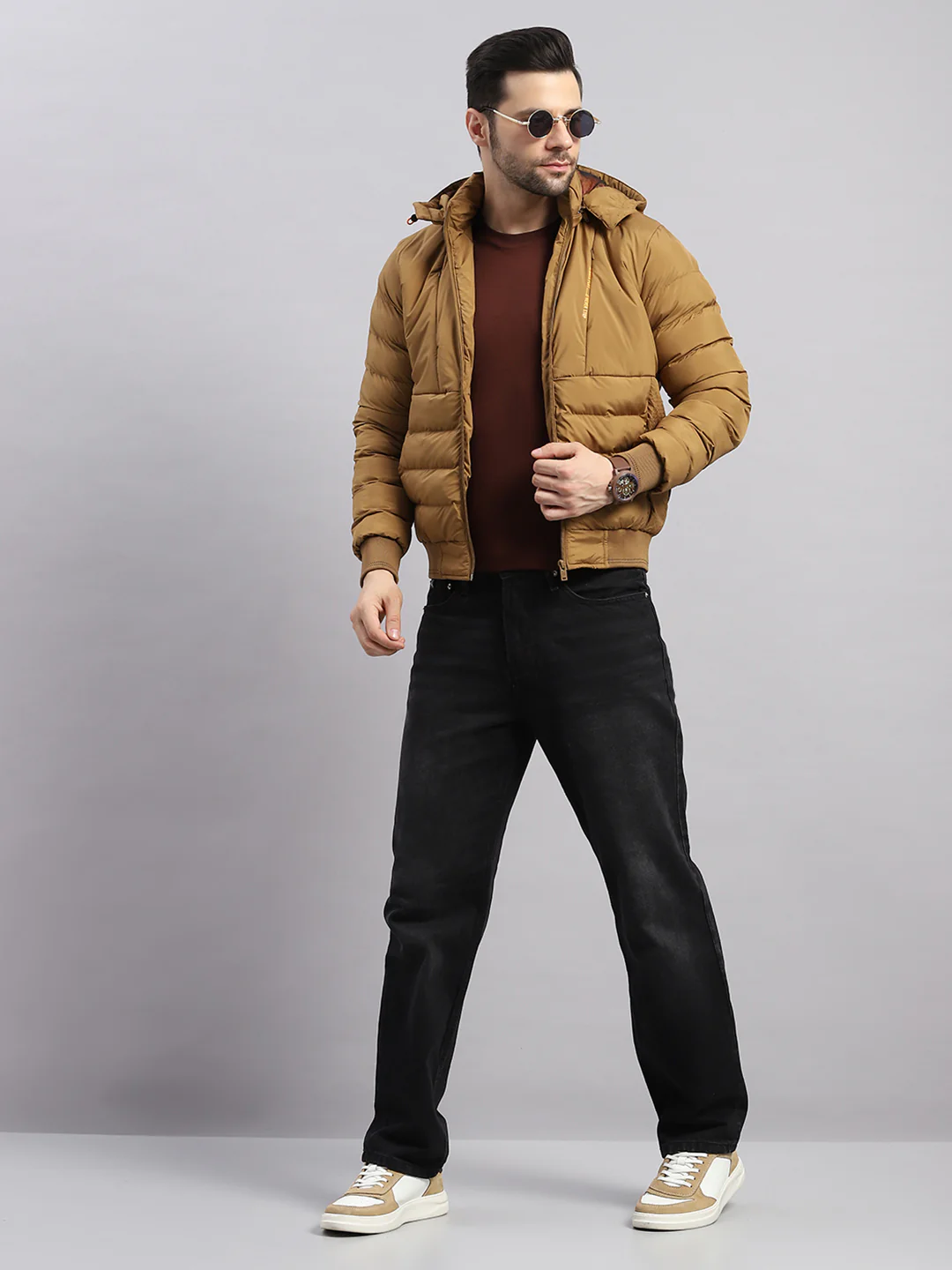 Men Khaki Solid Hooded Full Sleeve Jacket - Image 2