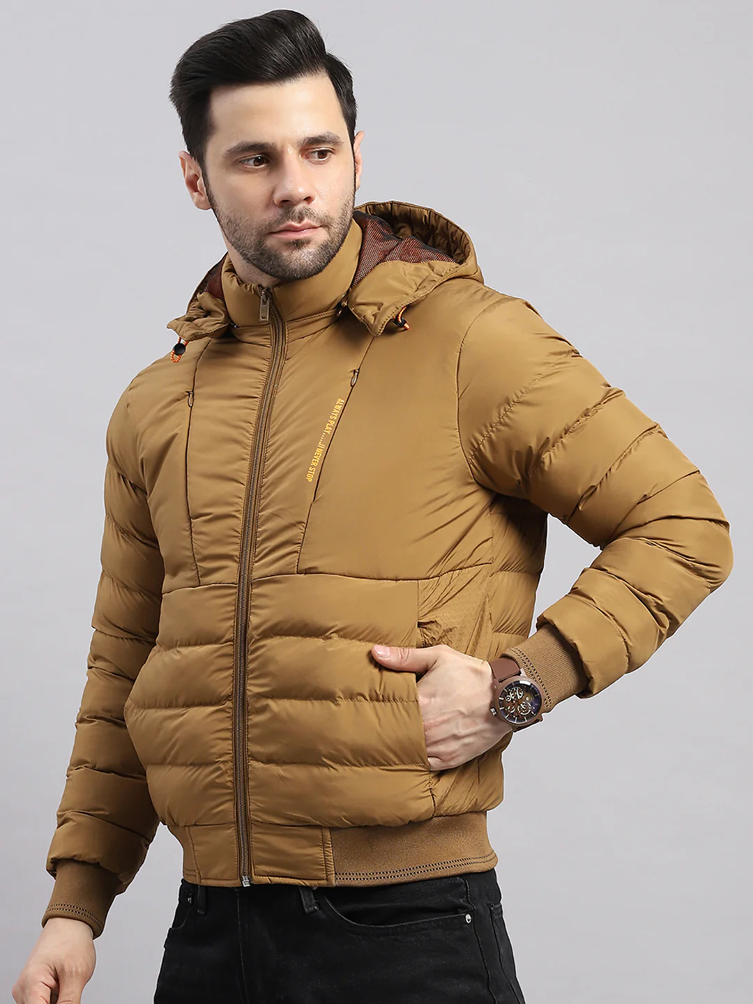 Men Khaki Solid Hooded Full Sleeve Jacket - Image 3