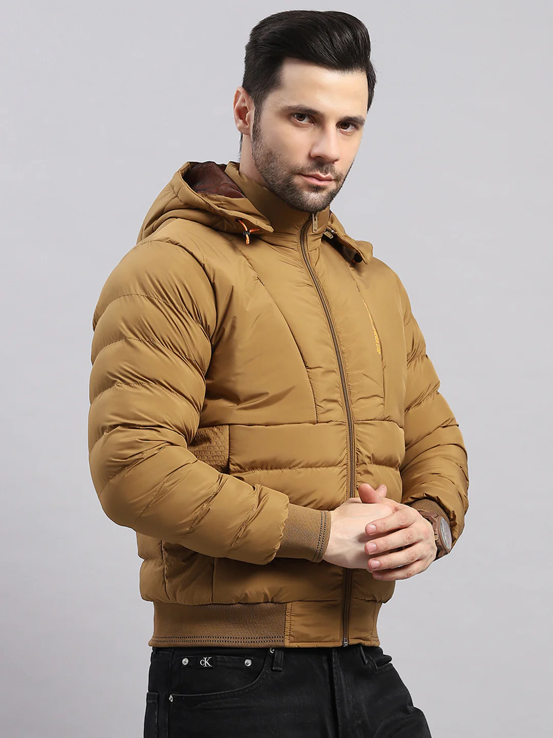 Men Khaki Solid Hooded Full Sleeve Jacket - Image 4