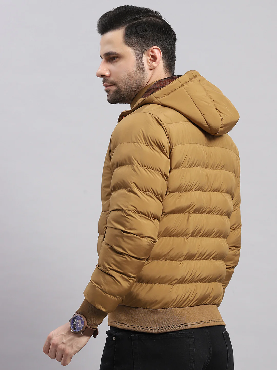 Men Khaki Solid Hooded Full Sleeve Jacket - Image 5