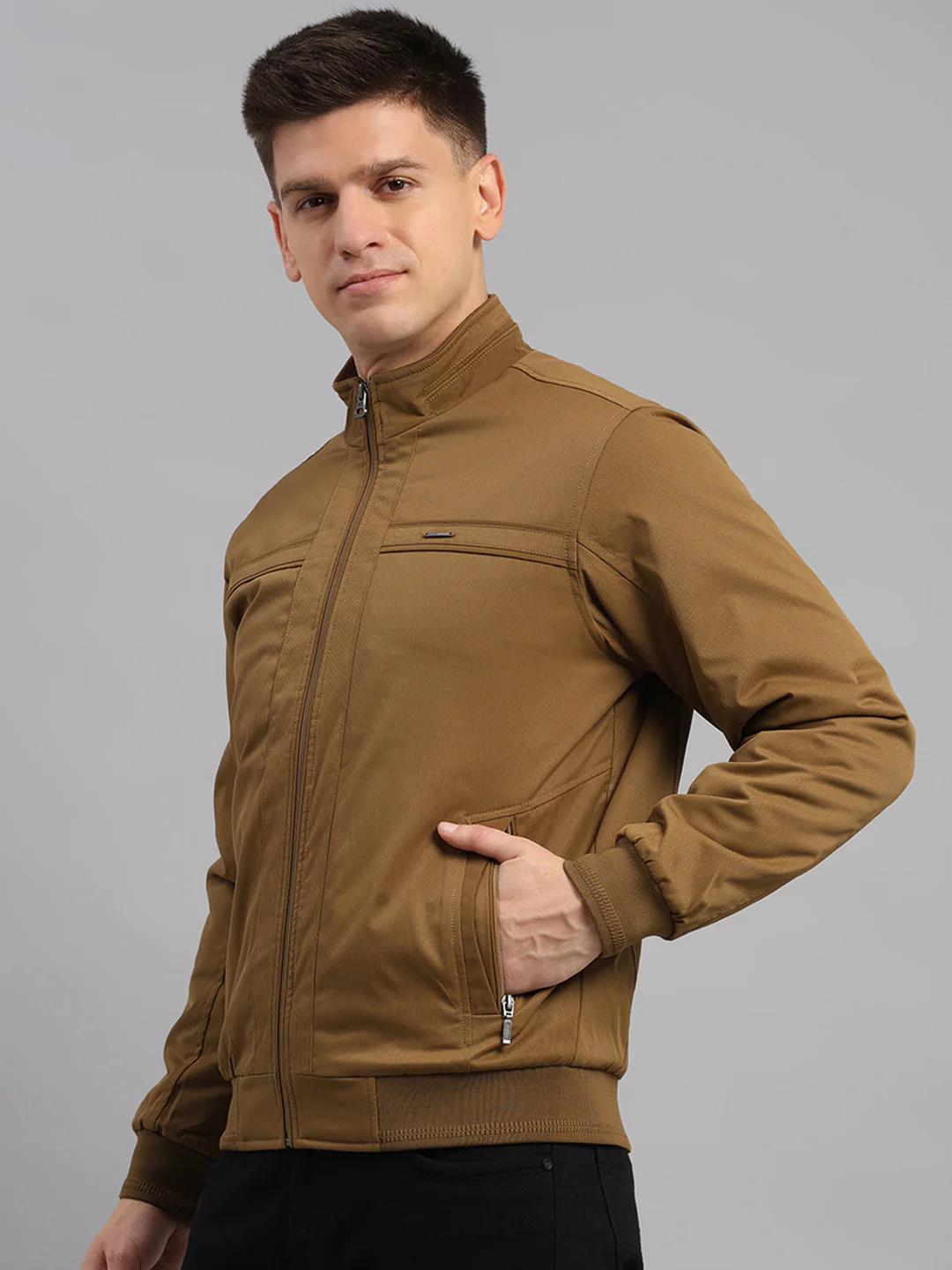 Men Khaki Solid Mandarin Neck Full Sleeve Jacket - Image 3