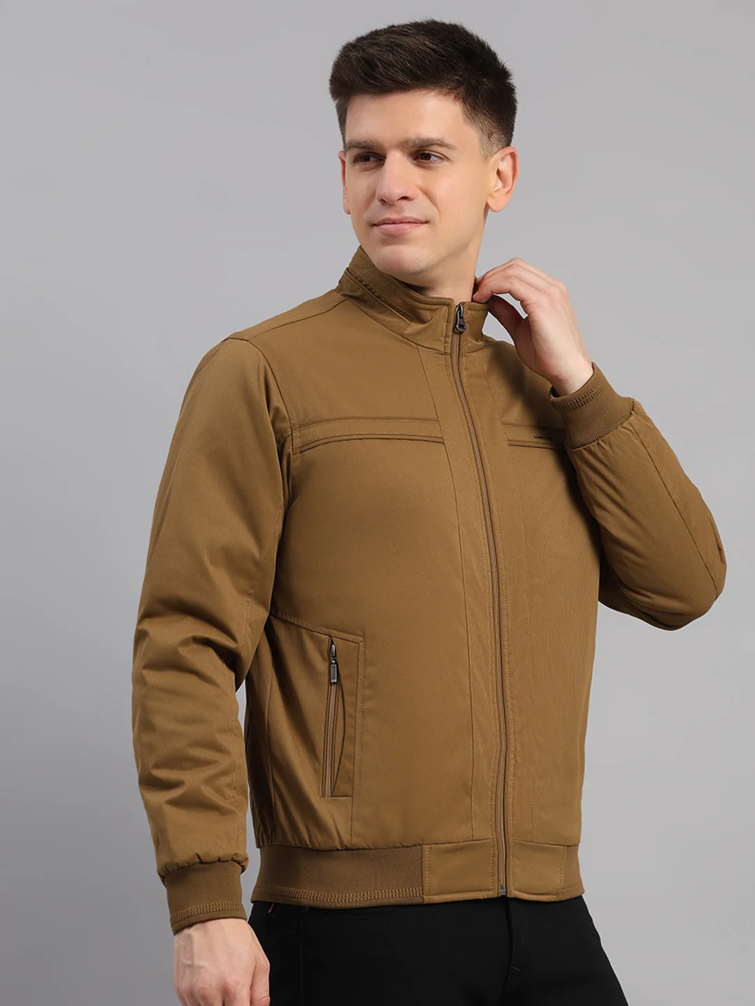 Men Khaki Solid Mandarin Neck Full Sleeve Jacket - Image 4