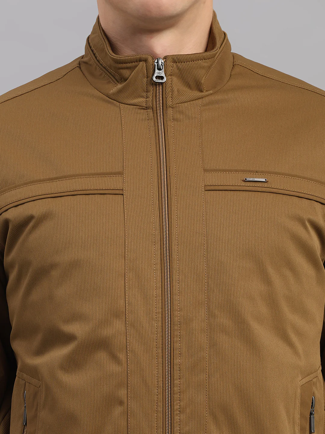 Men Khaki Solid Mandarin Neck Full Sleeve Jacket - Image 7