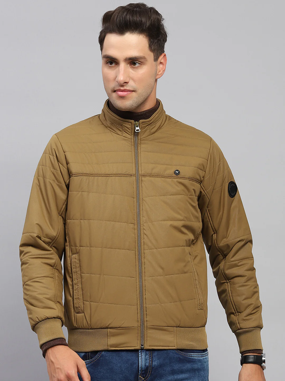 Men Khaki Solid Mock Neck Full Sleeve Jacket - Image 2