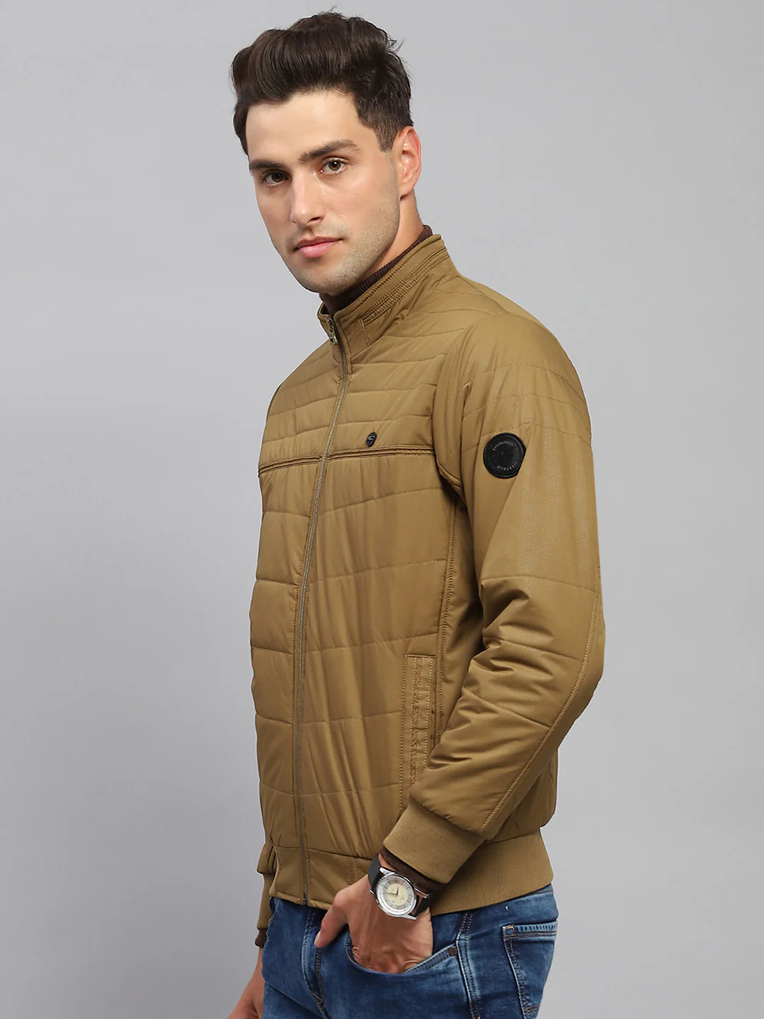 Men Khaki Solid Mock Neck Full Sleeve Jacket - Image 3