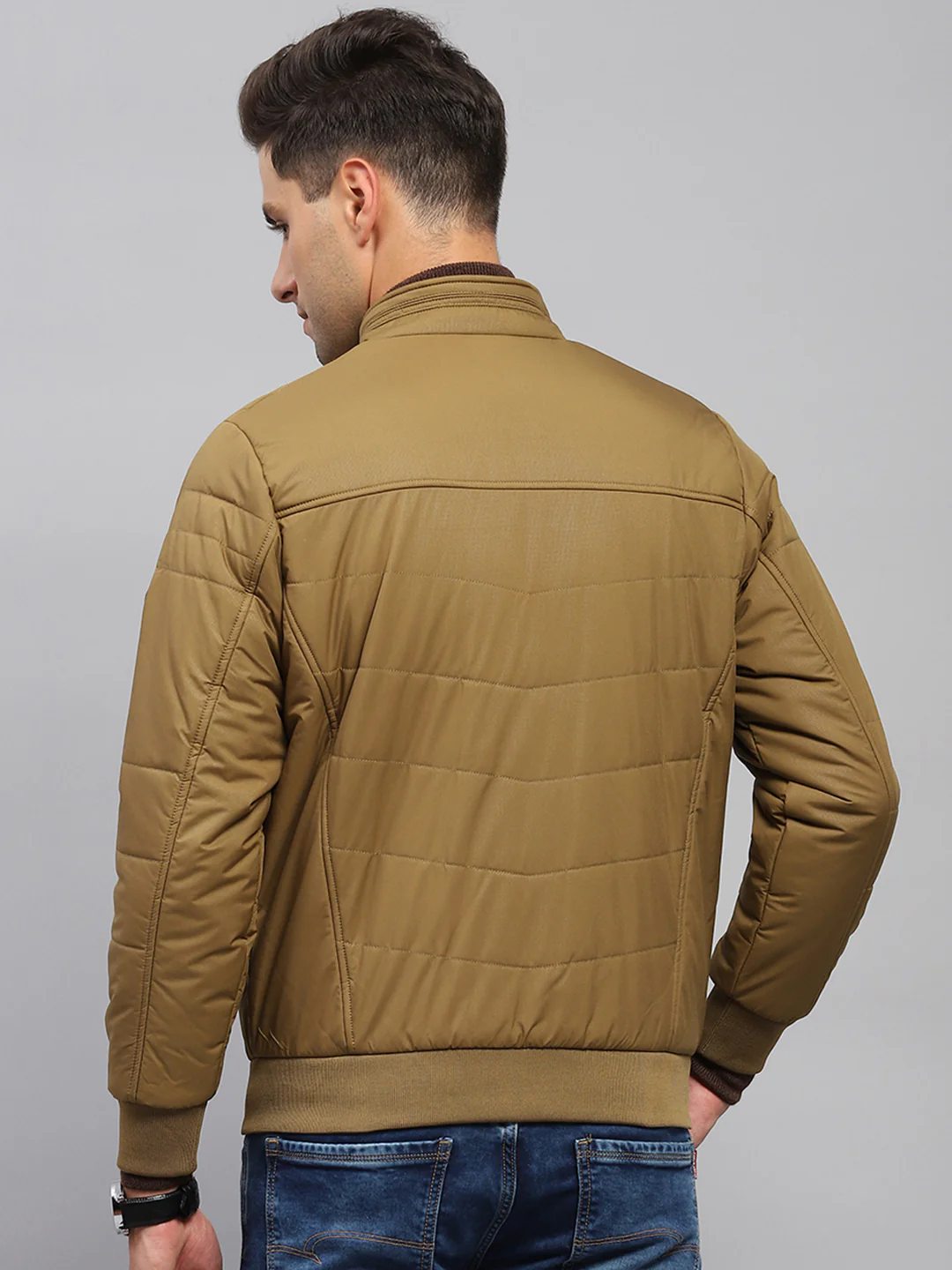 Men Khaki Solid Mock Neck Full Sleeve Jacket - Image 5
