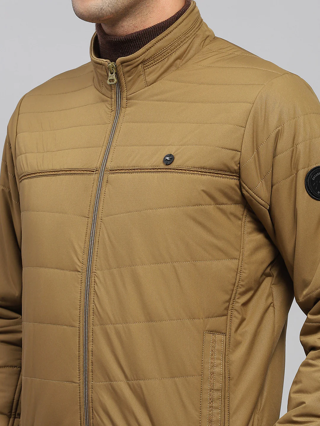 Men Khaki Solid Mock Neck Full Sleeve Jacket - Image 6