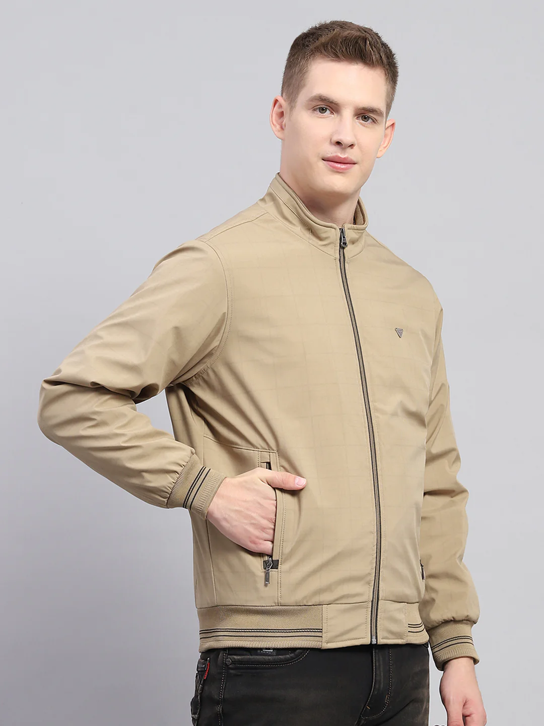 Men Khaki Solid Mock Neck Full Sleeve Jacket - Image 4