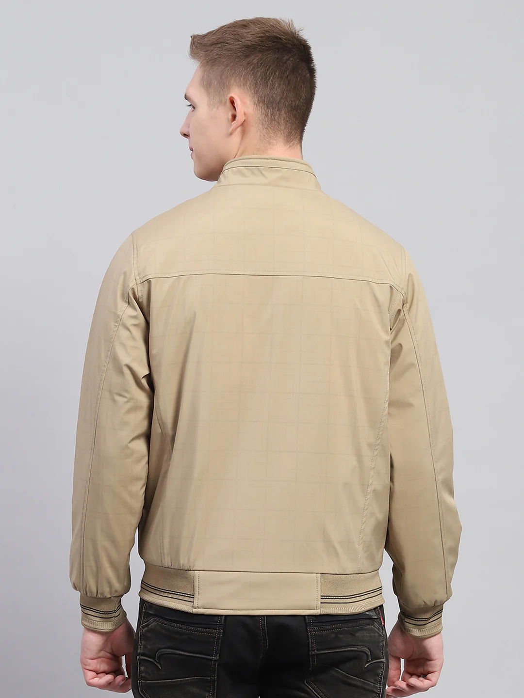 Men Khaki Solid Mock Neck Full Sleeve Jacket - Image 5
