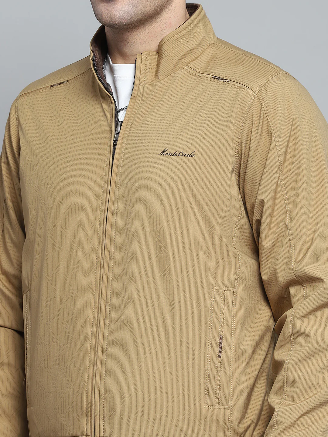 Men Khaki Solid Mock Neck Full Sleeve Jacket - Image 11