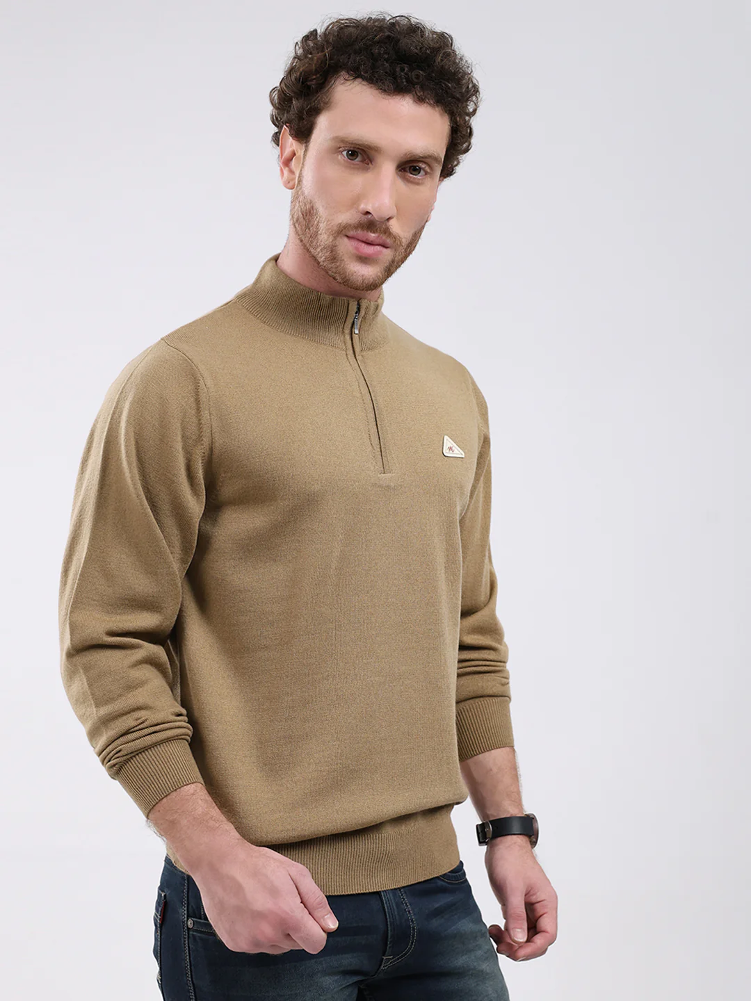 Men Khaki Solid Mock Neck Full Sleeve Pullover - Image 4