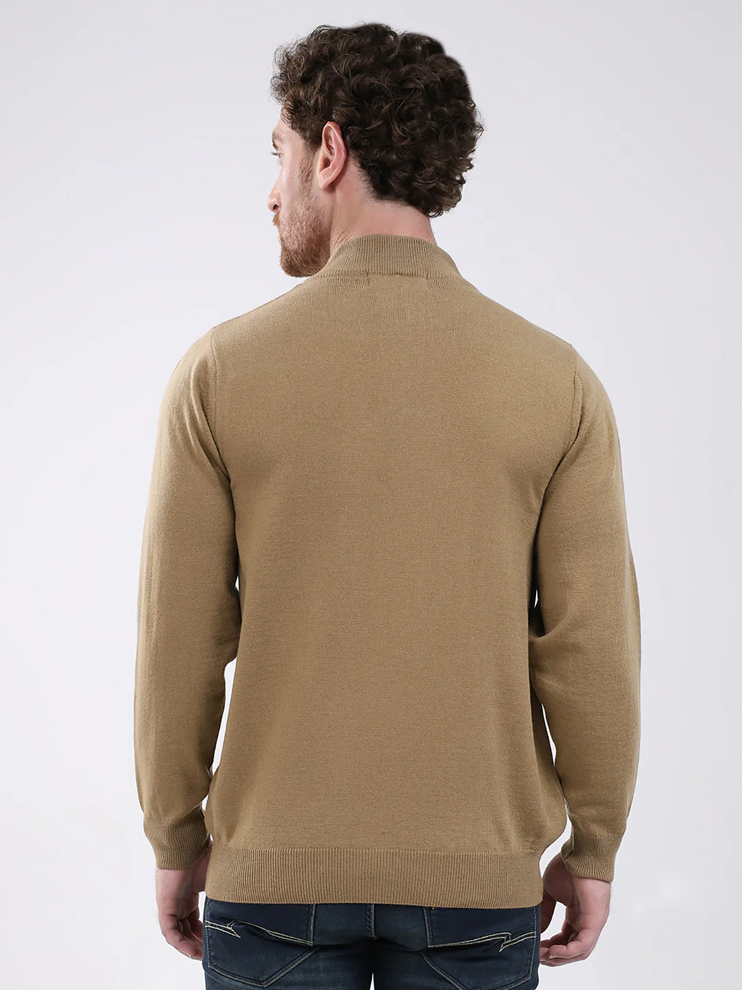 Men Khaki Solid Mock Neck Full Sleeve Pullover - Image 5