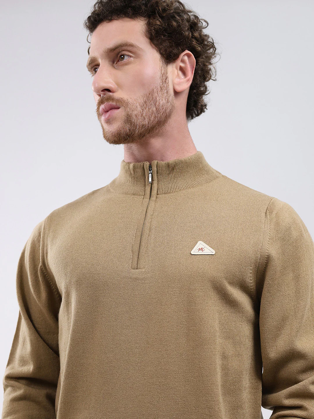 Men Khaki Solid Mock Neck Full Sleeve Pullover - Image 6