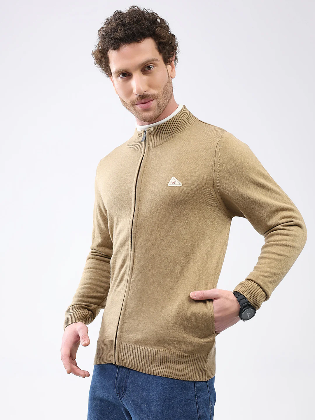 Men Khaki Solid Mock Neck Full Sleeve Pullover - Image 3