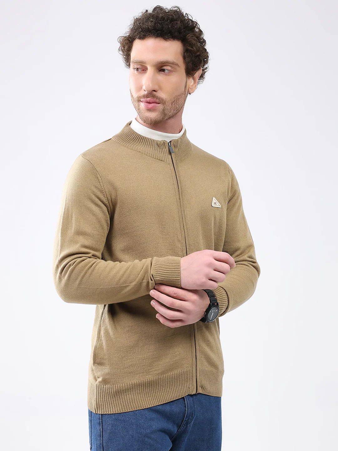 Men Khaki Solid Mock Neck Full Sleeve Pullover - Image 4