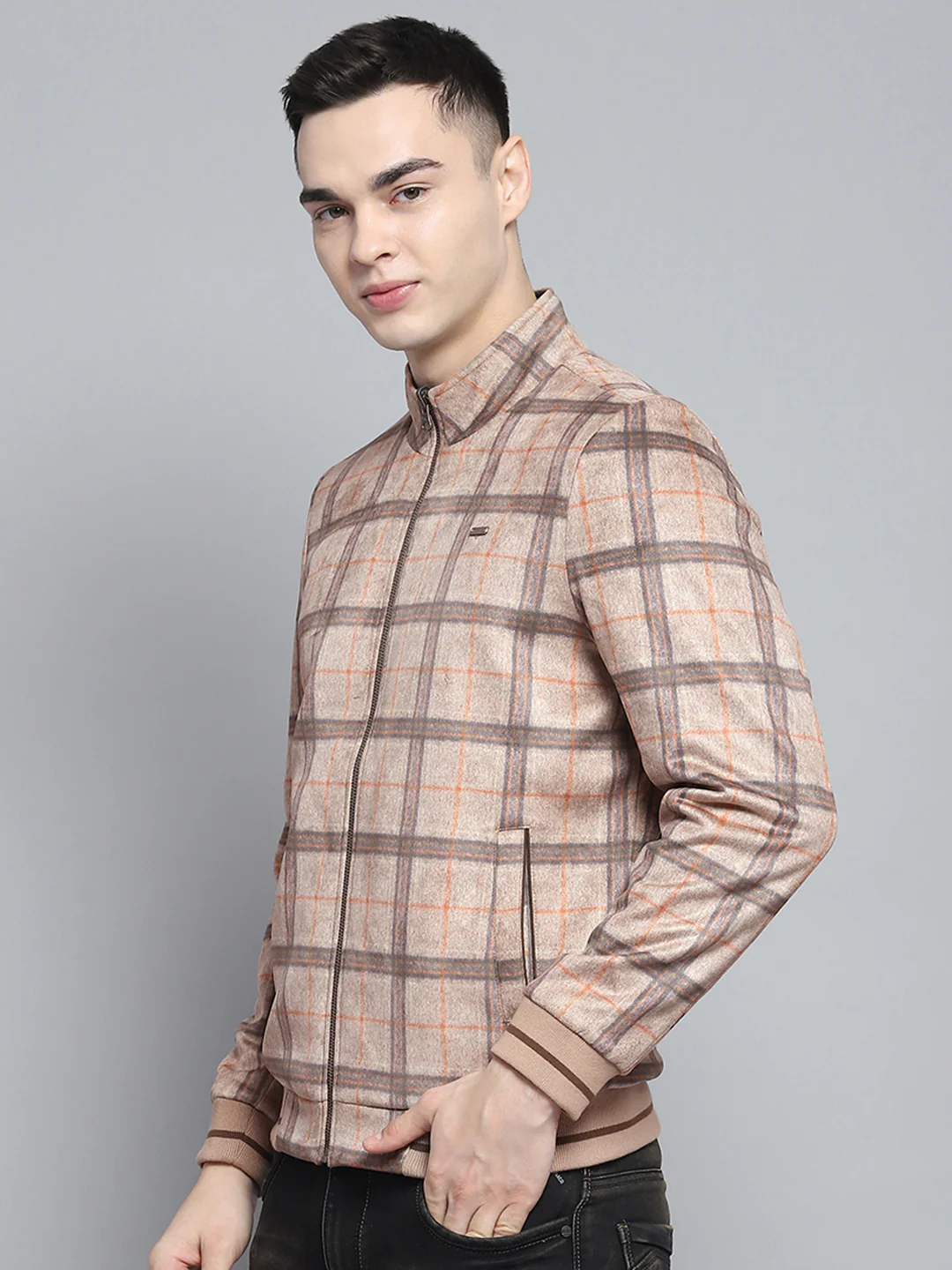 Men Khaki Solid Mock Neck Full Sleeve Reversible Jacket - Image 3