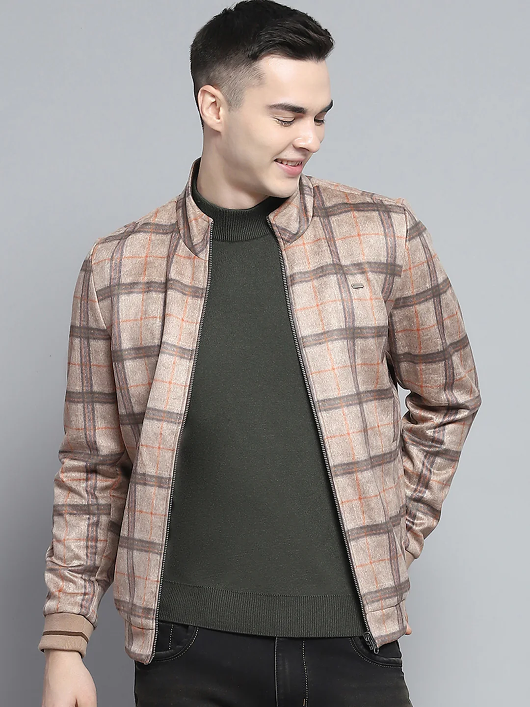 Men Khaki Solid Mock Neck Full Sleeve Reversible Jacket - Image 6