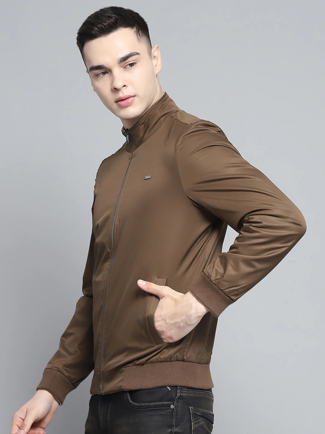 Men Khaki Solid Mock Neck Full Sleeve Reversible Jacket - Image 8