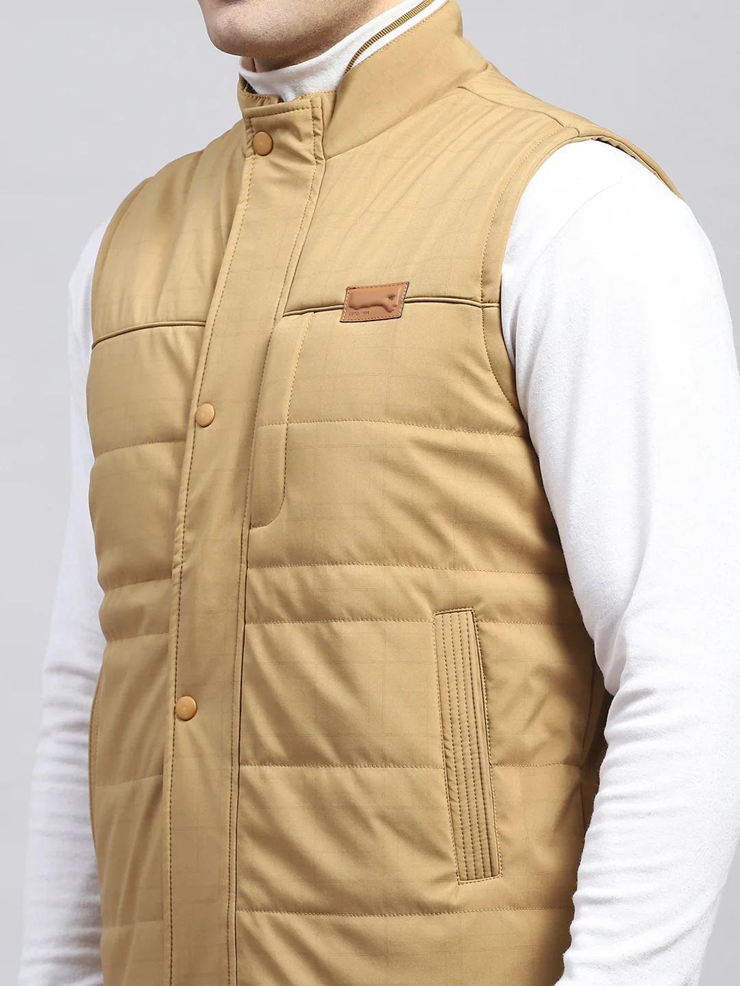 Men Khaki Solid Mock Neck Sleeveless Jacket - Image 6
