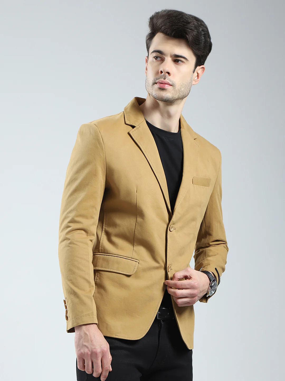 Men Khaki Solid Notch Lapel Collar Full Sleeve Blazer - Image 4