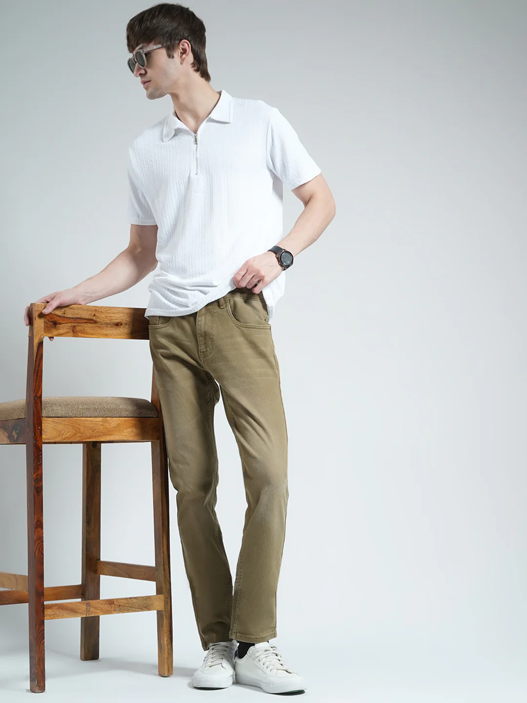 Men Khaki Solid Skinny Fit Denim - Image 2