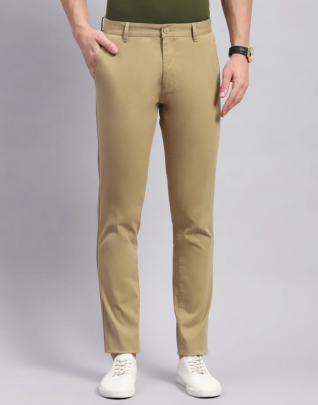 Men Khaki Solid Regular Fit Trouser - Image 3