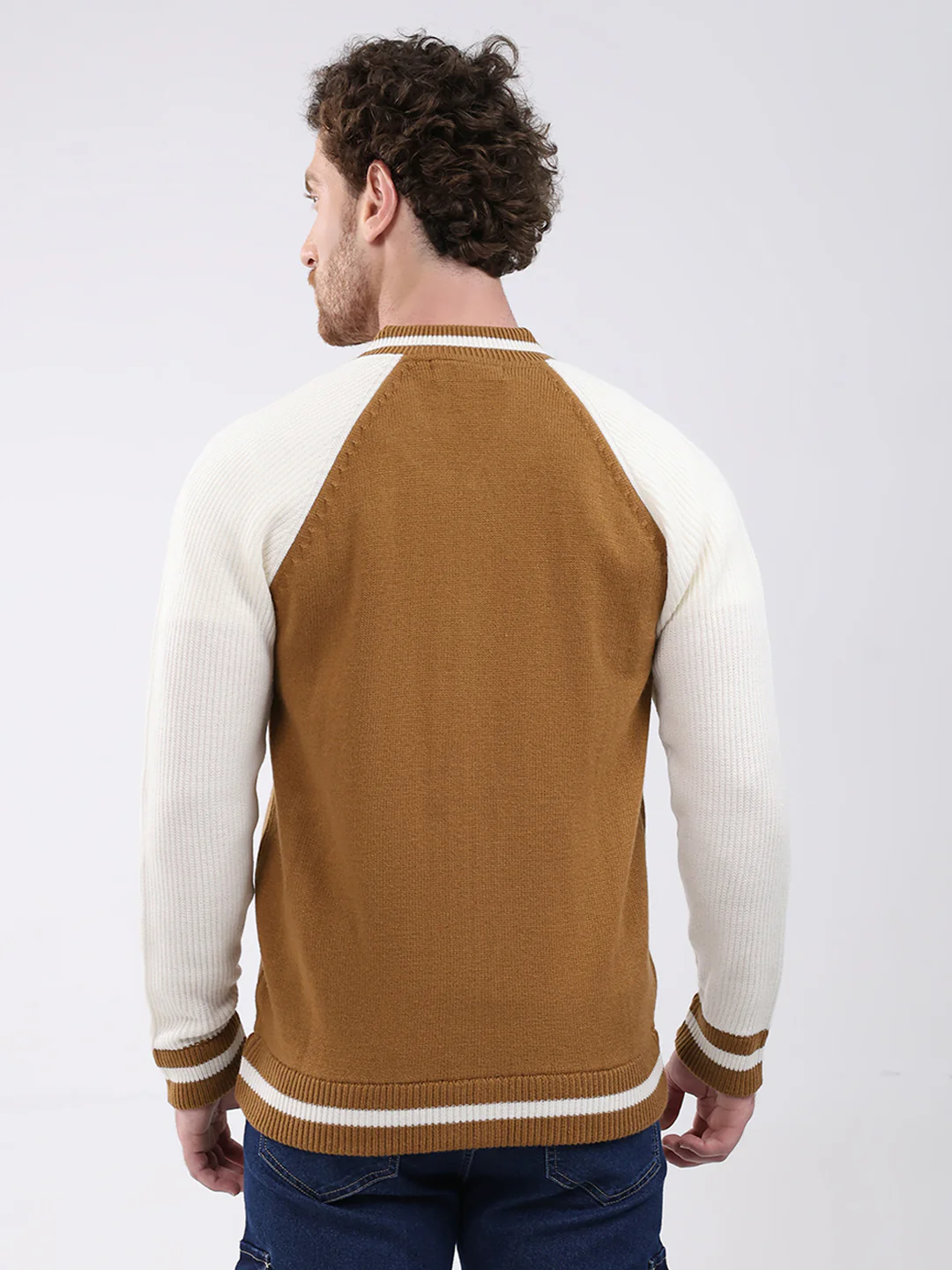 Men Khaki Solid Round Neck Full Sleeve Pullover - Image 5