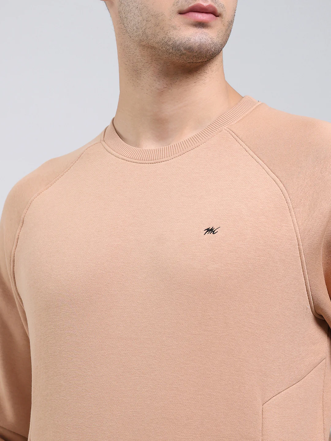 Men Khaki Solid Round Neck Full Sleeve Sweatshirt - Image 6