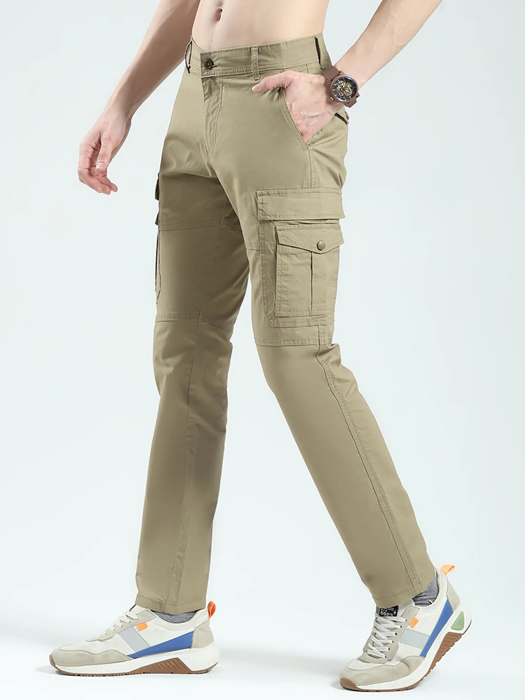 Men Khaki Solid Slim Fit Cargo - Image 3