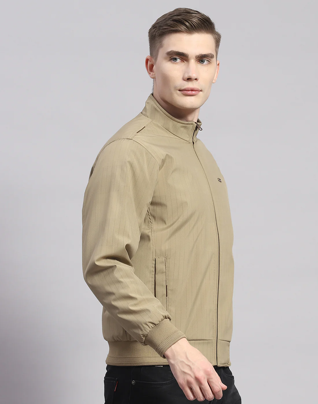 Men Khaki Solid Stand Collar Full Sleeve Jacket - Image 4