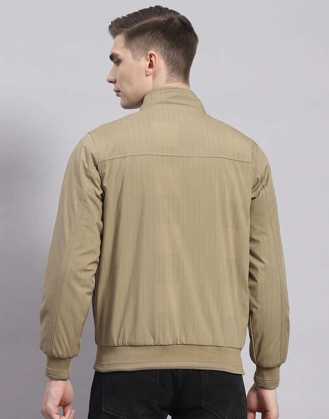 Men Khaki Solid Stand Collar Full Sleeve Jacket - Image 5