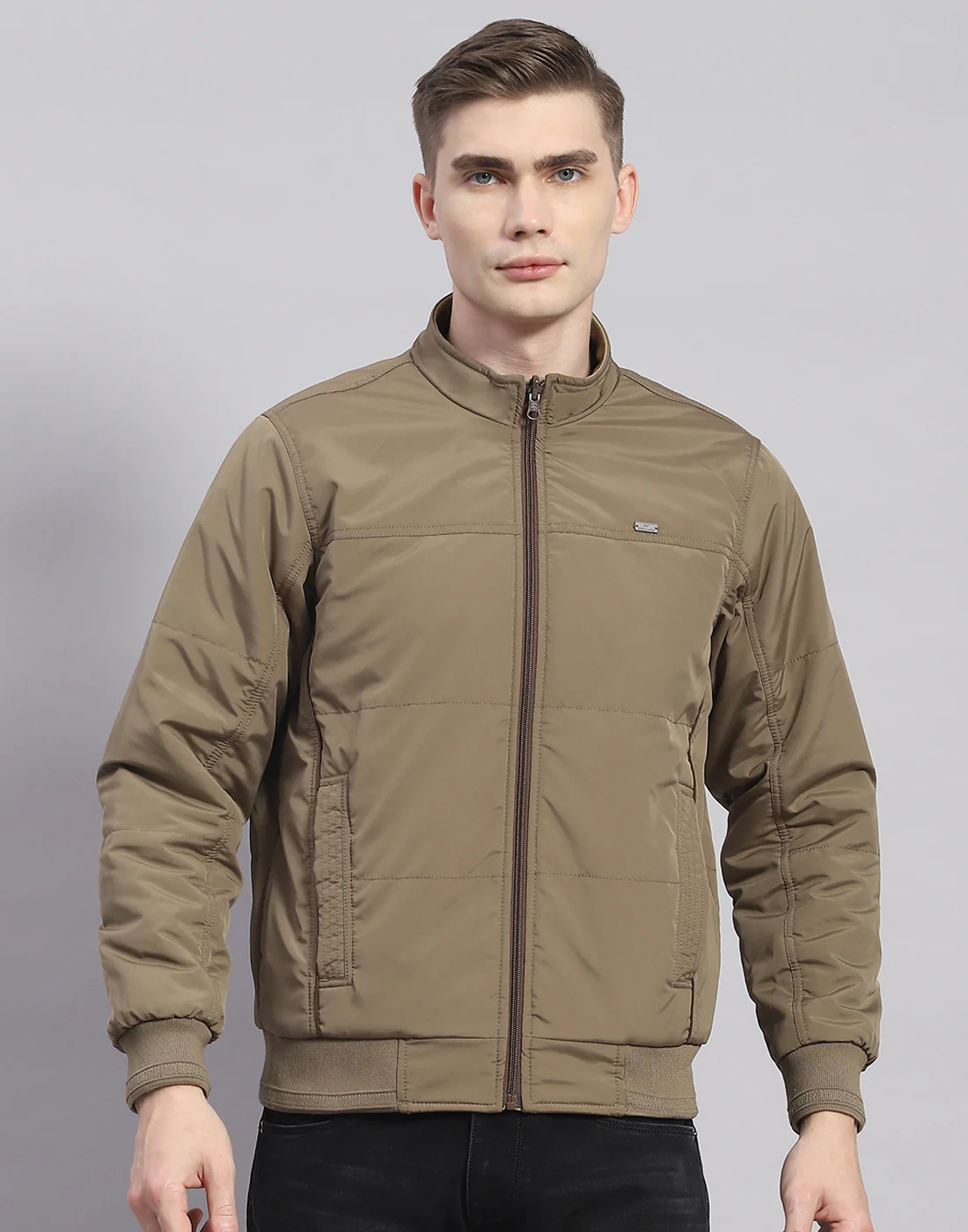 Men Khaki Solid Stand Collar Full Sleeve Jacket - Image 6