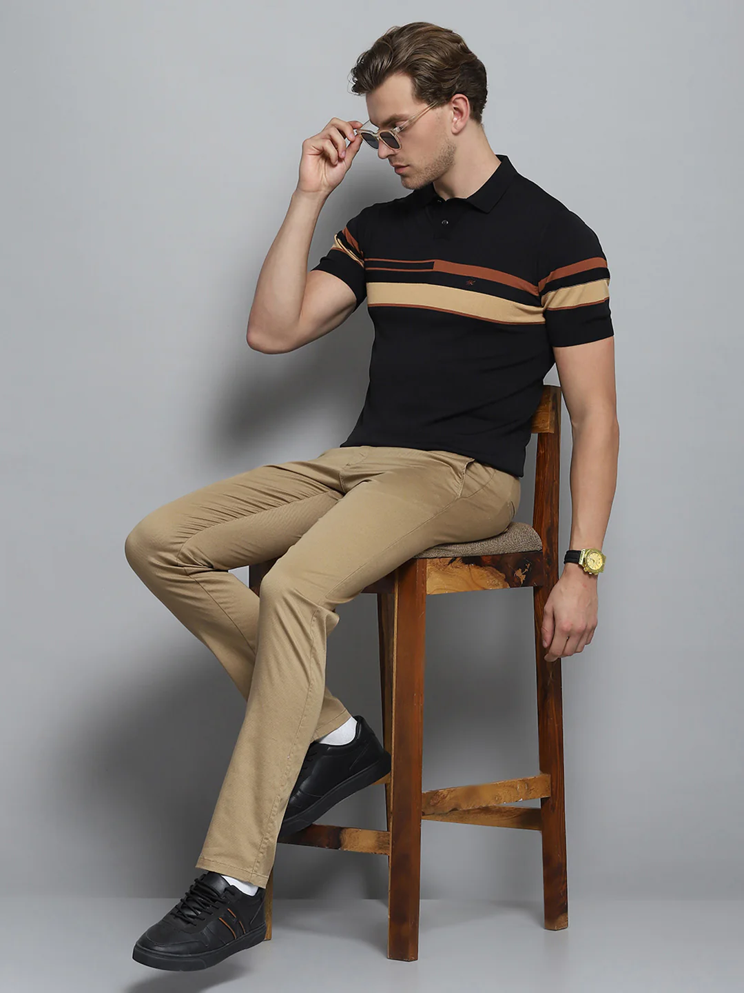 Men Khaki Solid Trouser - Image 2
